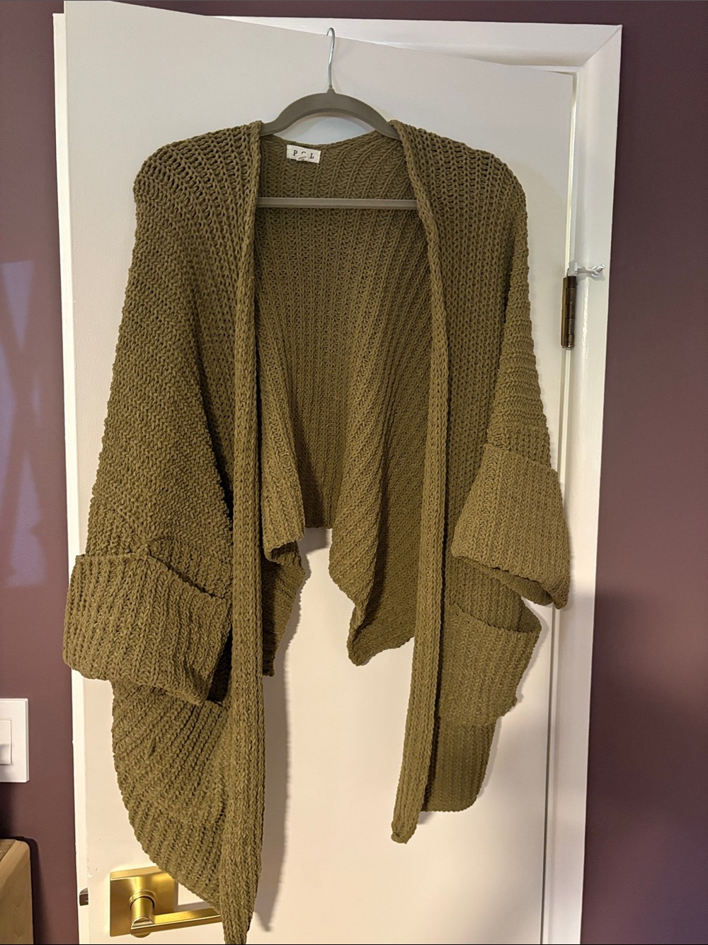 POL Asymmetrical Olive Open-Front Chunky Knit Cardigan